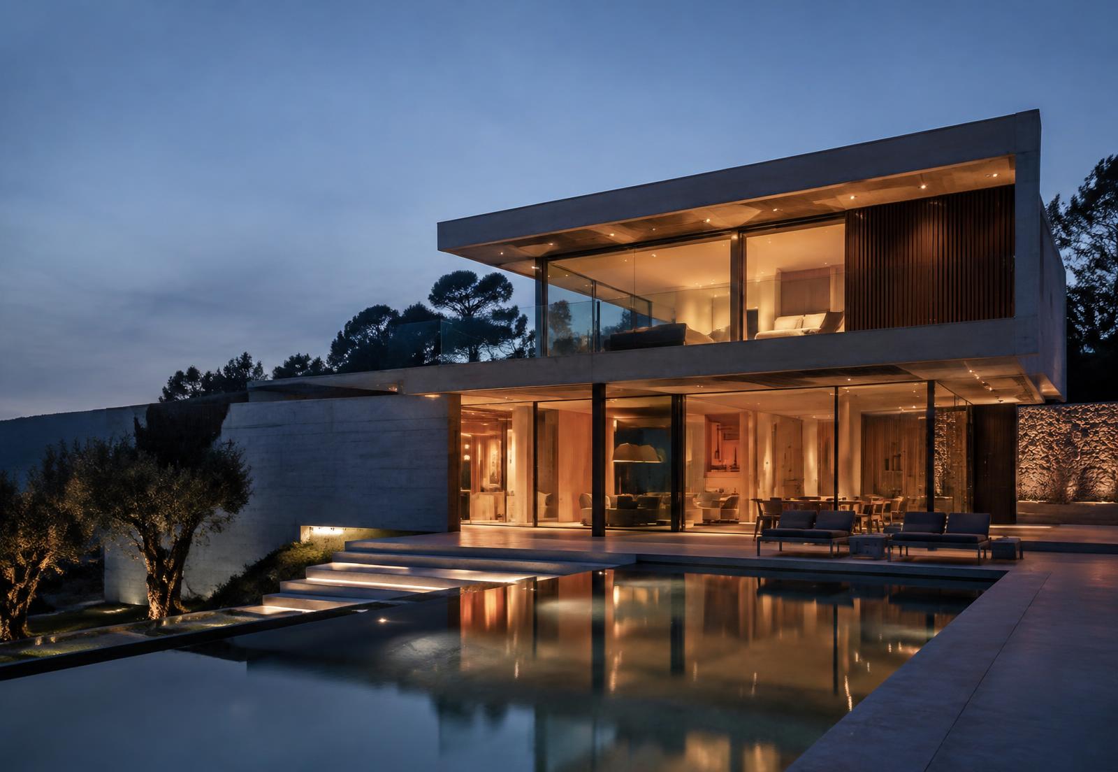 Modern architectural home at twilight with reflecting pool